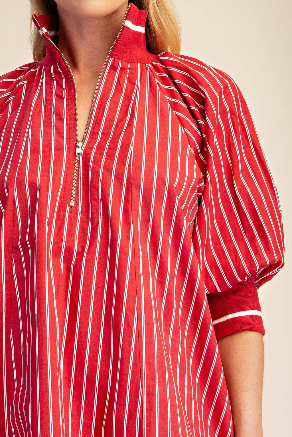 Mock Neck Band Half Zip Stripe Mini Dress