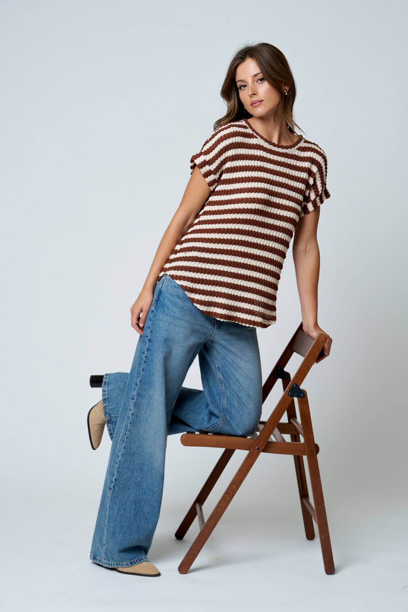 TEXTURED STRIPE ROUND NECK DOLMAN SLEEVE KNIT TOP