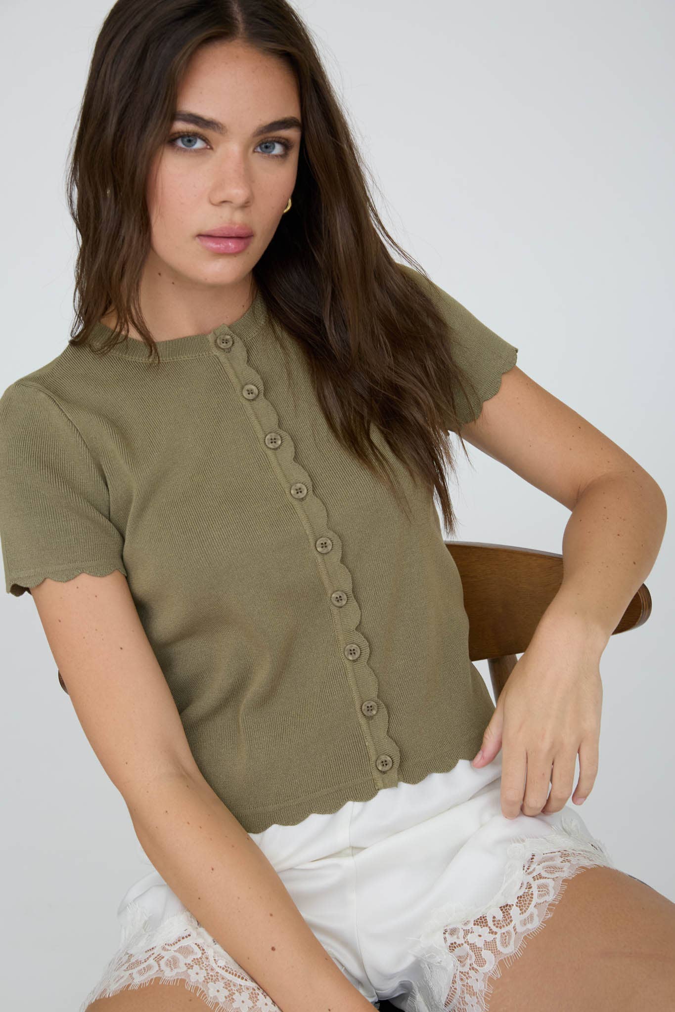 SCALLOPED SHORT SLEEVE BUTTON DOWN KNIT CARDIGAN