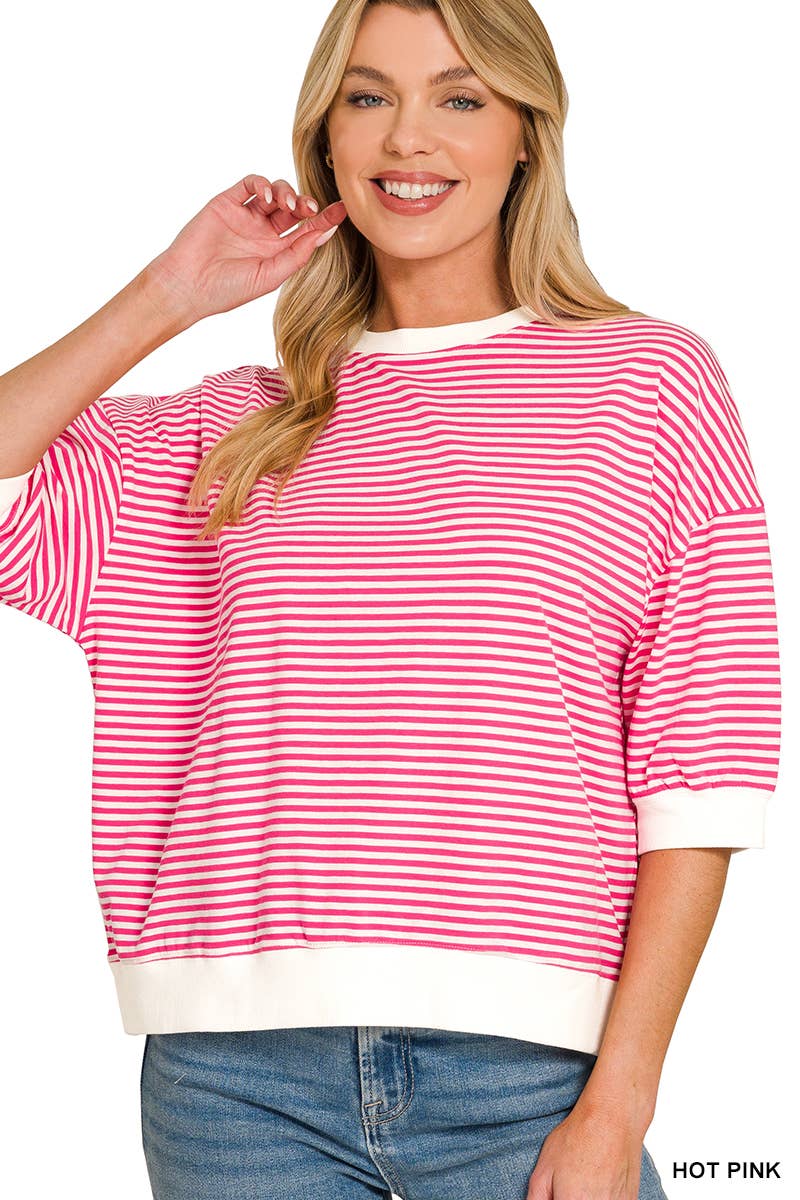 Striped Contrast Trim Banded Bottom Top - Zenana