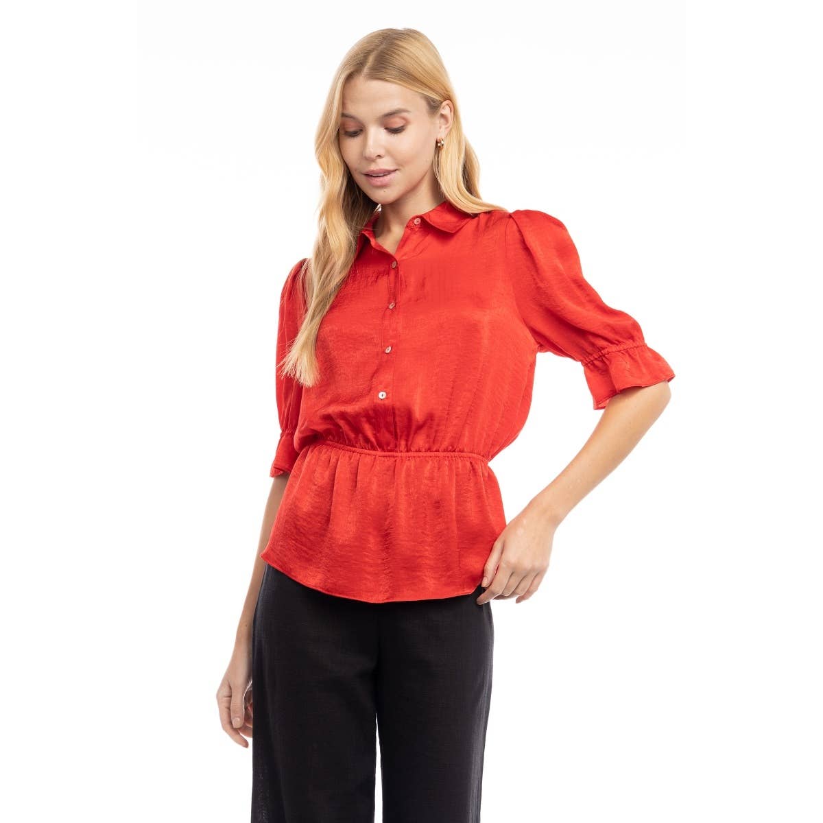 Elbow Sleeve Blouse With Half Placket