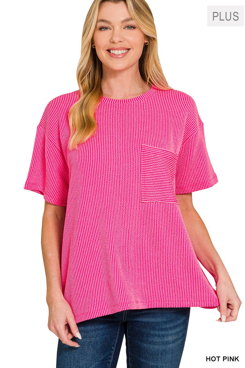 0107 Plus Raised Rib Short Sleeve Front Pocket Top SI-28942