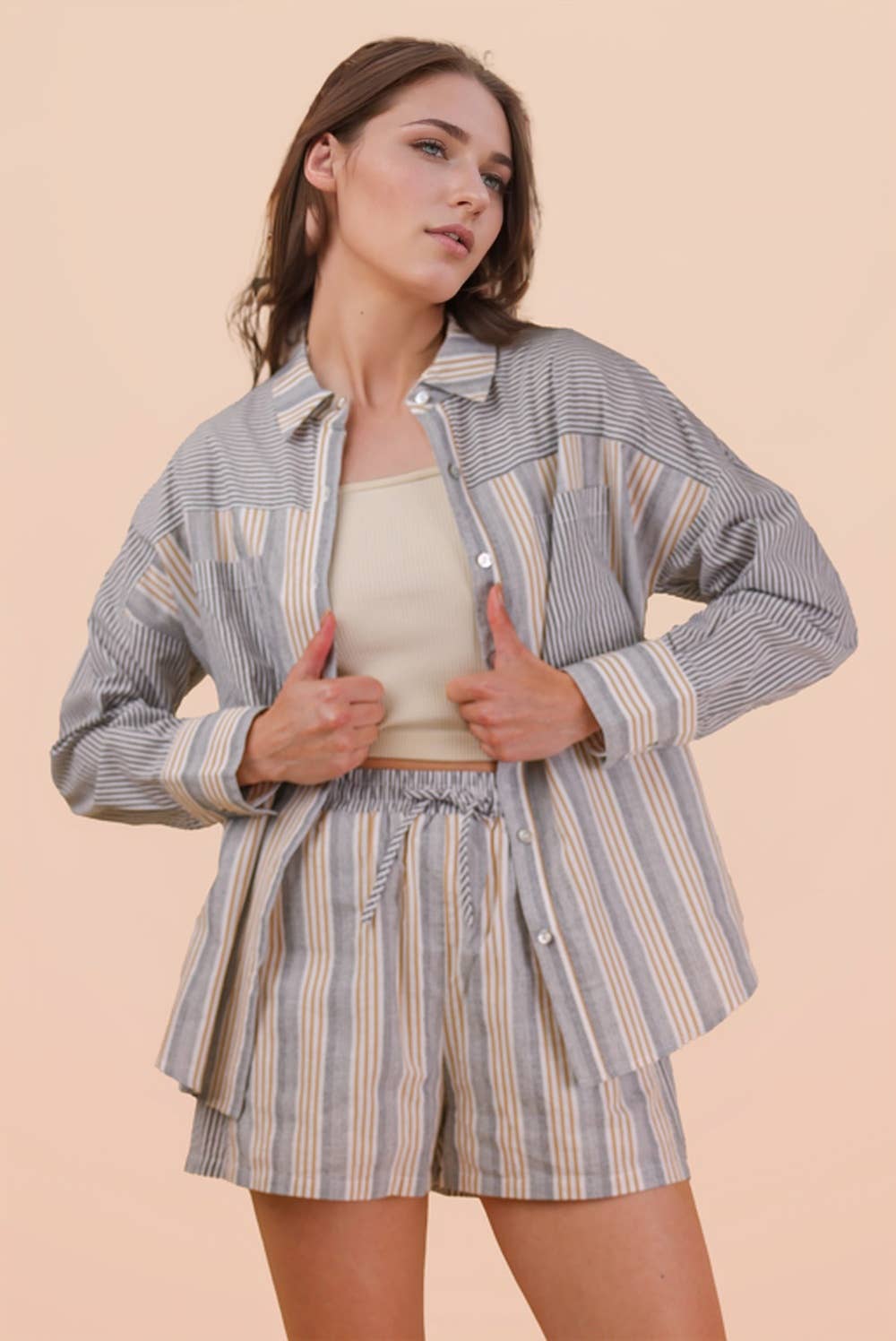 NT12497SETX-PLUS SIZE Stripe Woven Shirt Top & Shorts Set