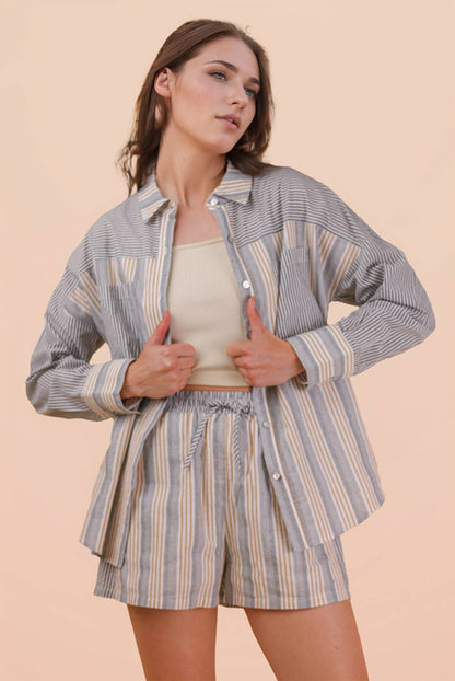 NT12497SETX-PLUS SIZE Stripe Woven Shirt Top & Shorts Set