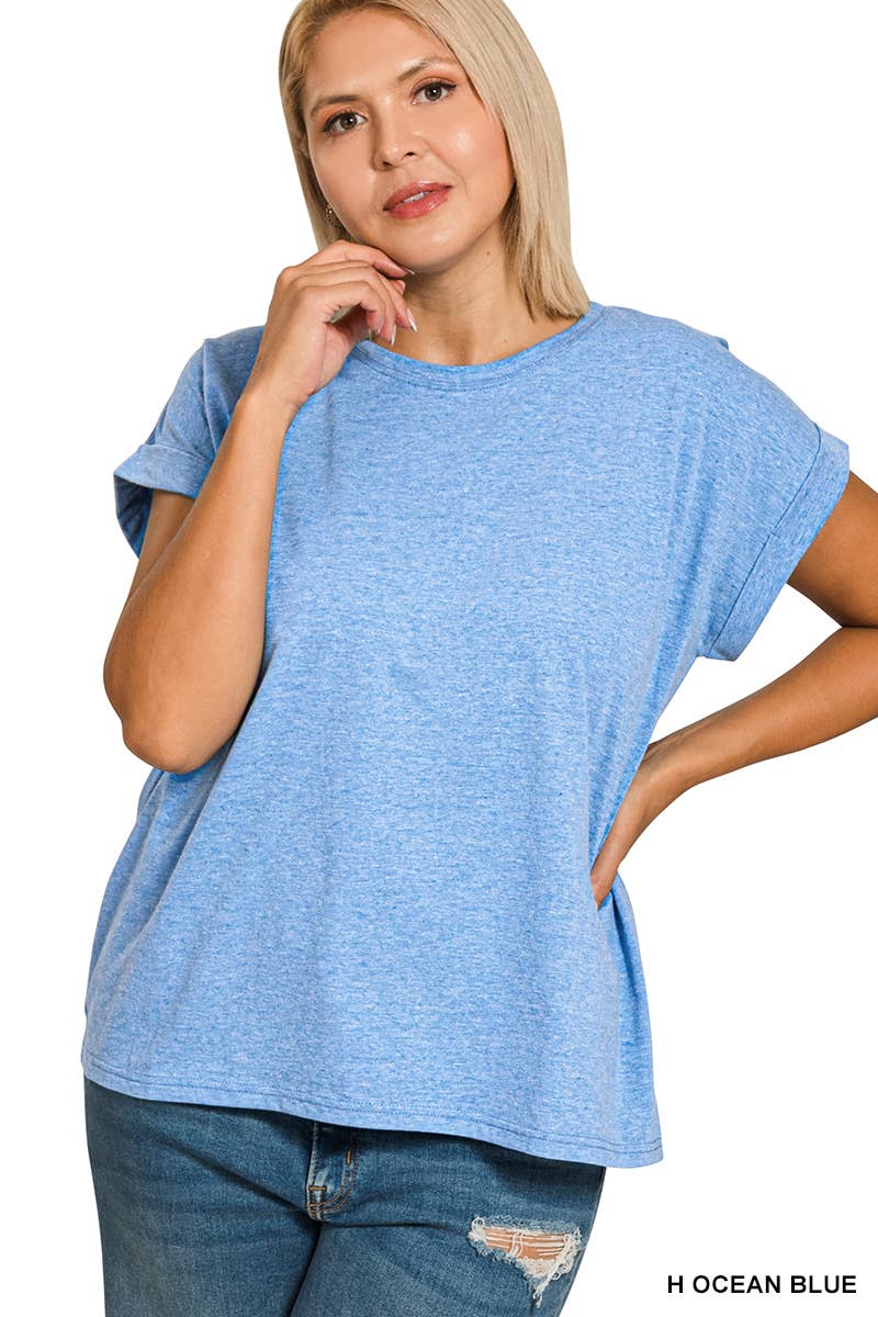 Plus Round Neck Folded Short Sleeve T Shirt - Zenana