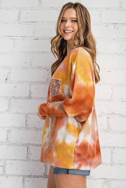 ST2256 - TIE DYE PRINTED LONG SLEEVE WAFFLE DOLMAN TOP