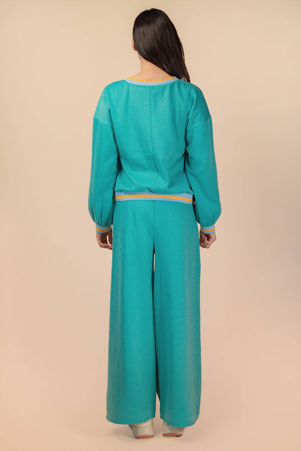 NT12382SET-Color Block Band Detail Comfy Knit Top & Pants Set