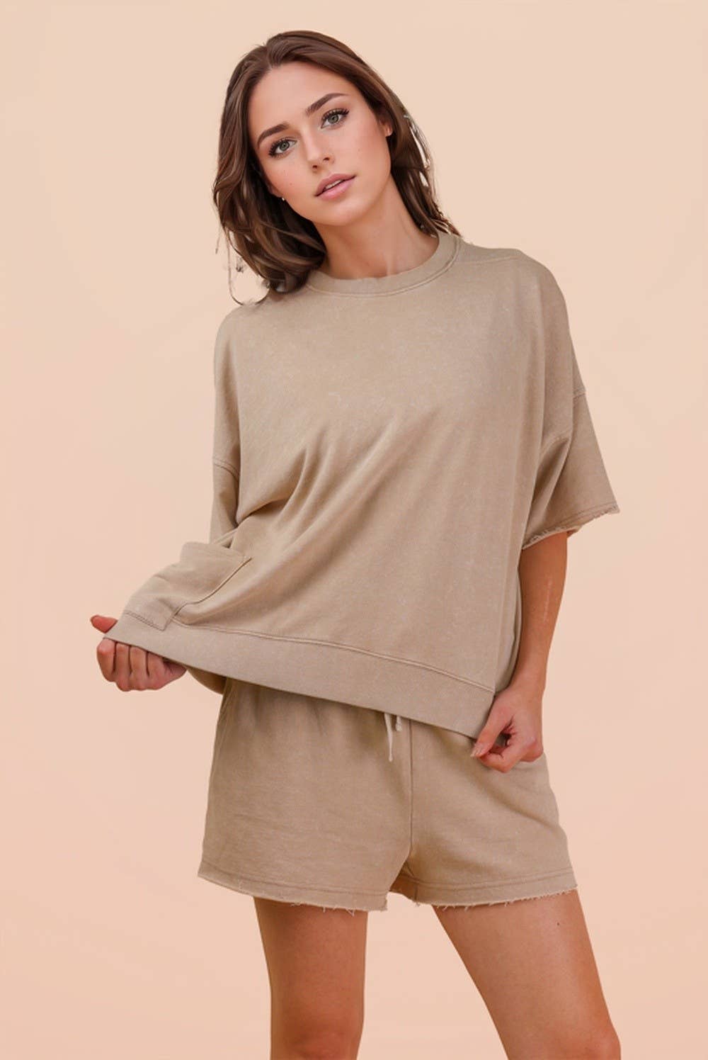 NT12429SETX-PLUS SIZE Mineral Washed Knit Casual Top & Shorts