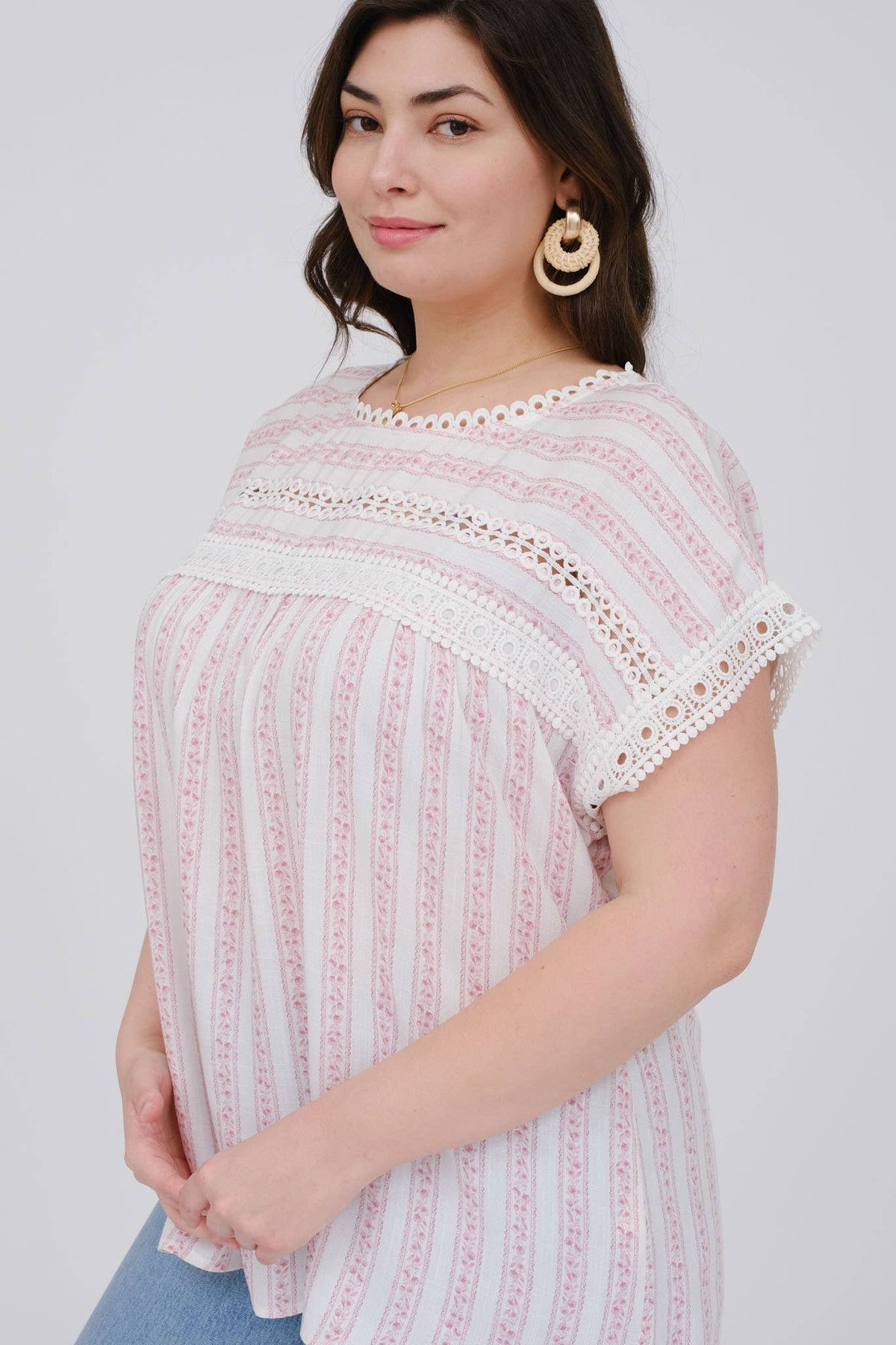 PLUS STRIPE FLORAL BATWING SHORT SLEEVE TOP