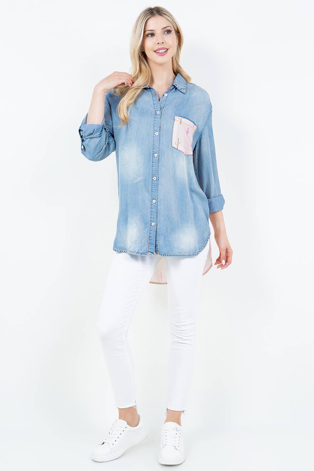 DENIM PINK COLLARED CACTUS PRINT PLUS SIZE TOP BC20002PL: Pink / Plus Size / 1XL