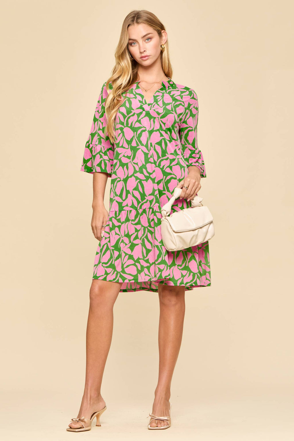 Floral Print Shirred Tiered 3/4 Sleeve Dress