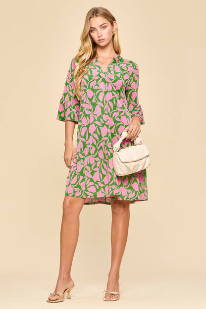 Floral Print Shirred Tiered 3/4 Sleeve Dress