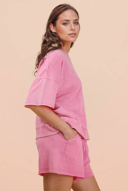 NT12429SETX-PLUS SIZE Mineral Washed Knit Casual Top & Shorts