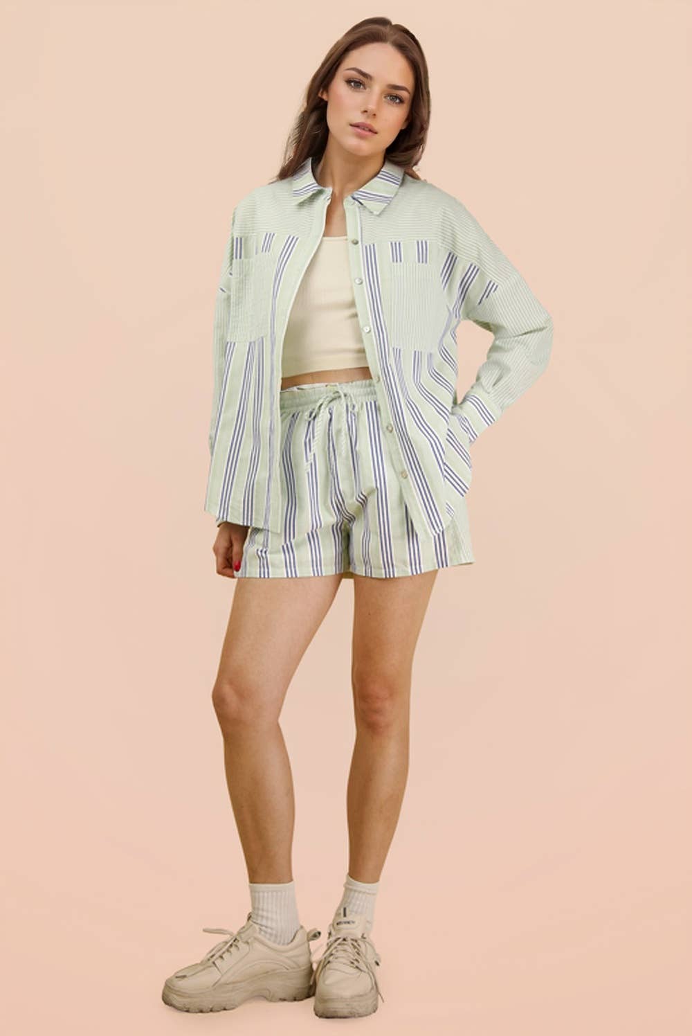 NT12497SETX-PLUS SIZE Stripe Woven Shirt Top & Shorts Set
