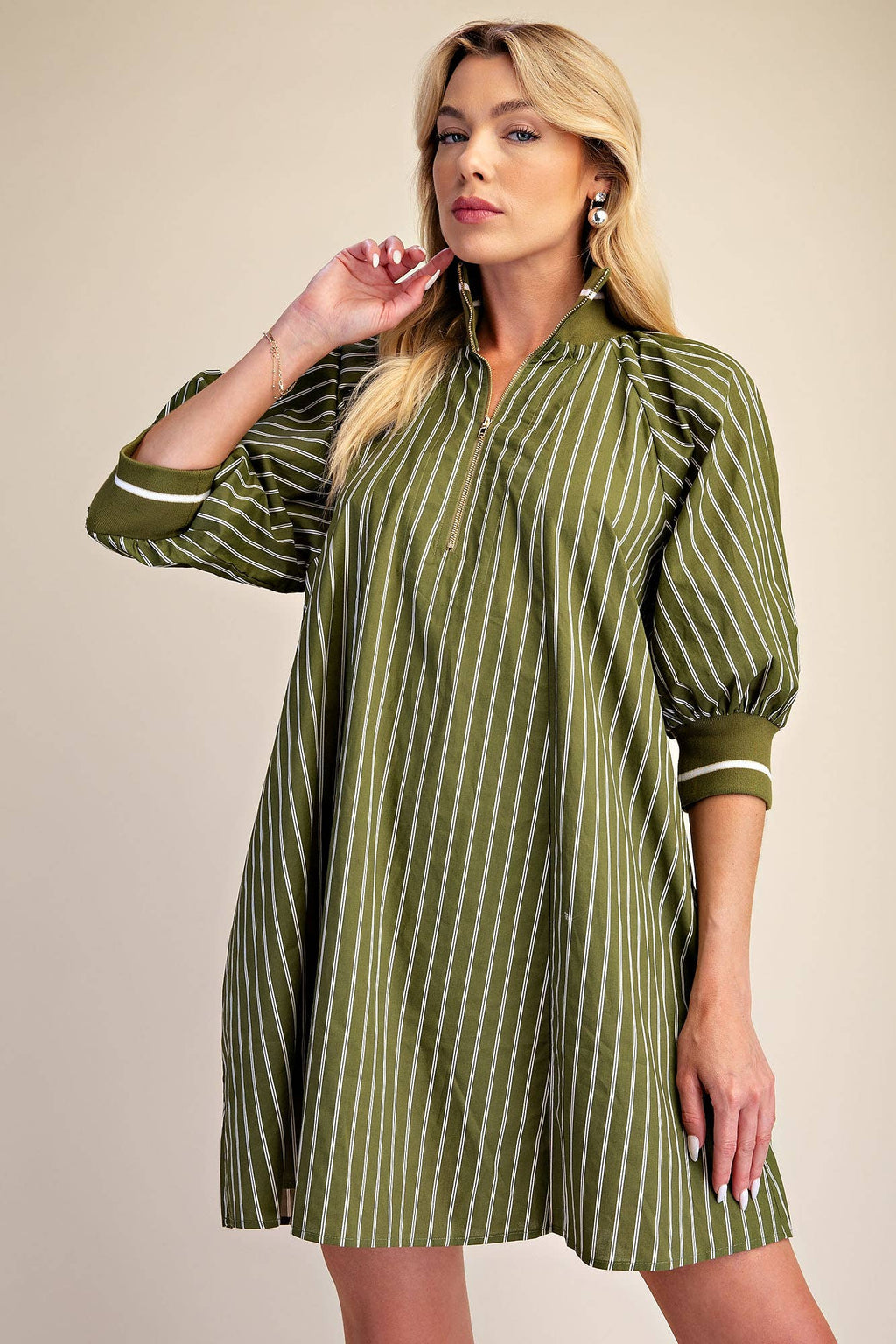 Mock Neck Band Half Zip Stripe Mini Dress