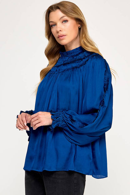 IT3477 - RUFFLED LONG SLEEVES SATIN TOP
