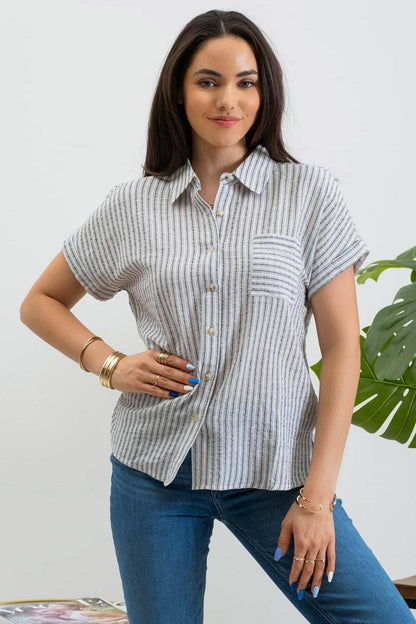 STRIPE COLLARED SHORT SLEEVE LINEN SHIRT: BLACK
