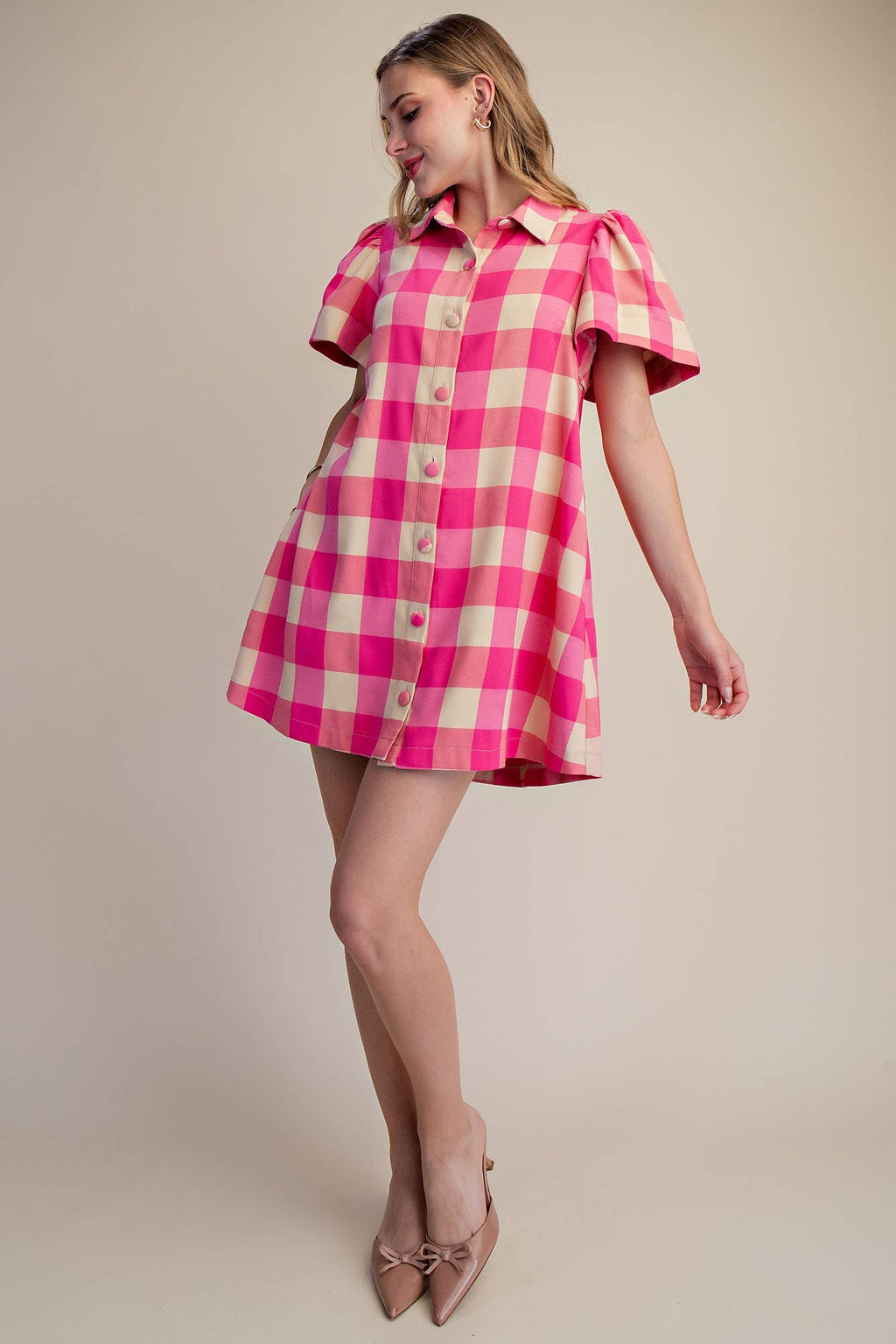 Checkered Mini Dress With Collar Neck Covered Button Down
