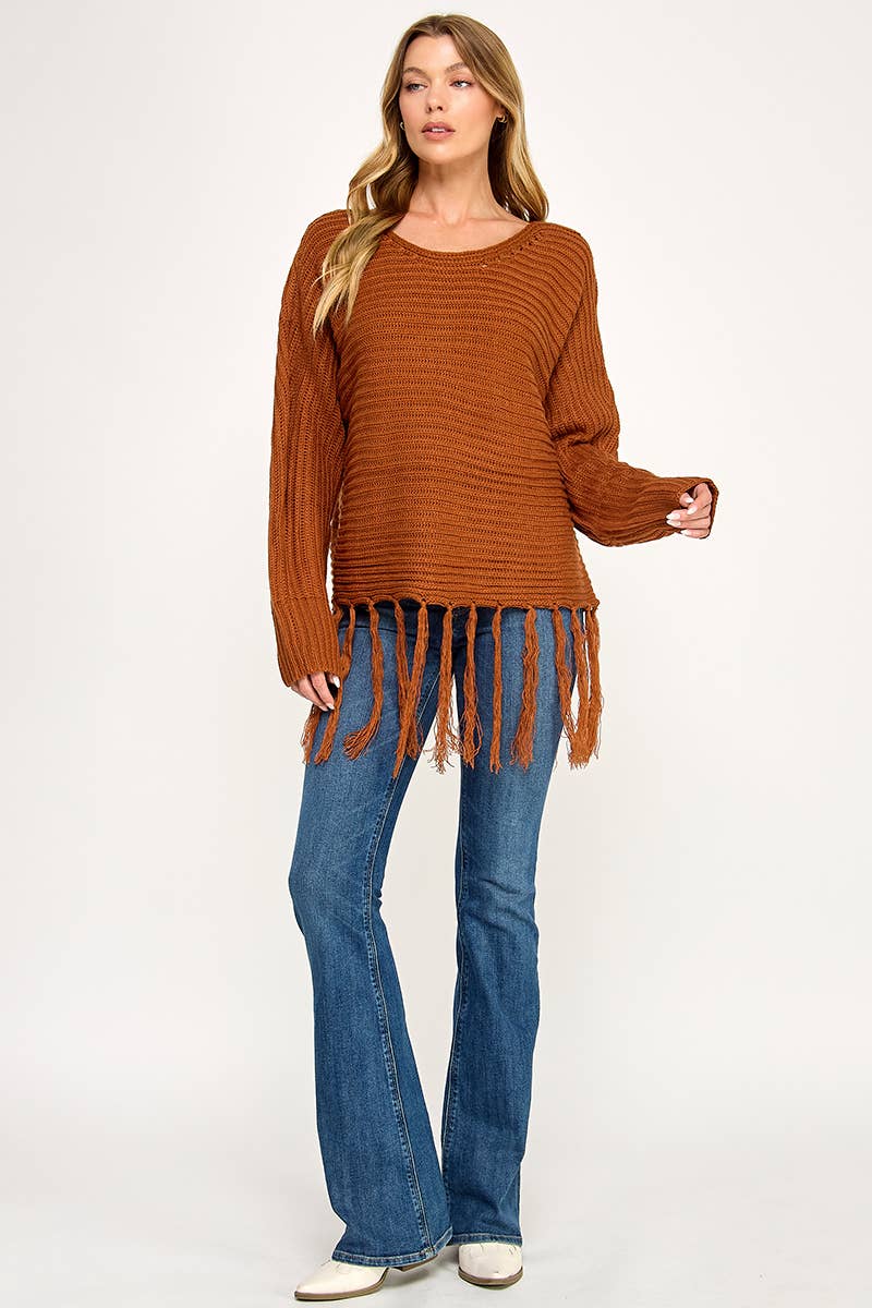 IT3453 - LONG SLEEVE SOLID BOAT NECK SWEATER WITH FRINGE