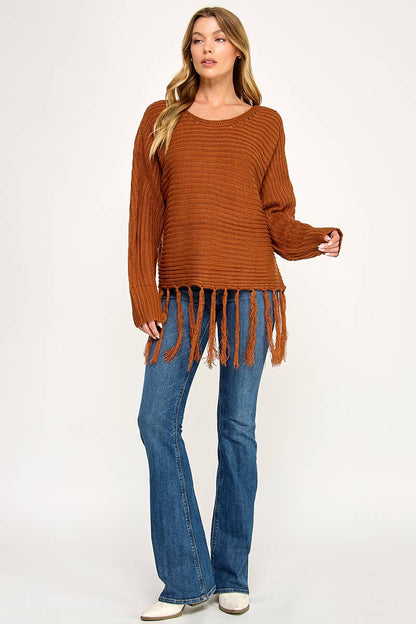 IT3453 - LONG SLEEVE SOLID BOAT NECK SWEATER WITH FRINGE