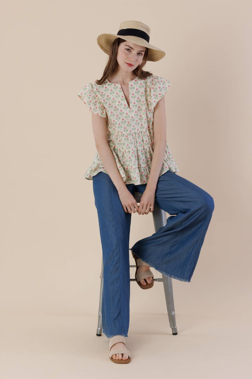Floral Flutter Sleeve Tiered Blouse with Split Neck