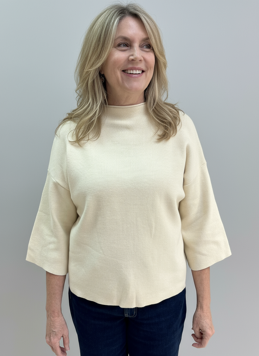 MBT-4095 Mock Neck 3/4 Wide Sleeve Sweater Top Black