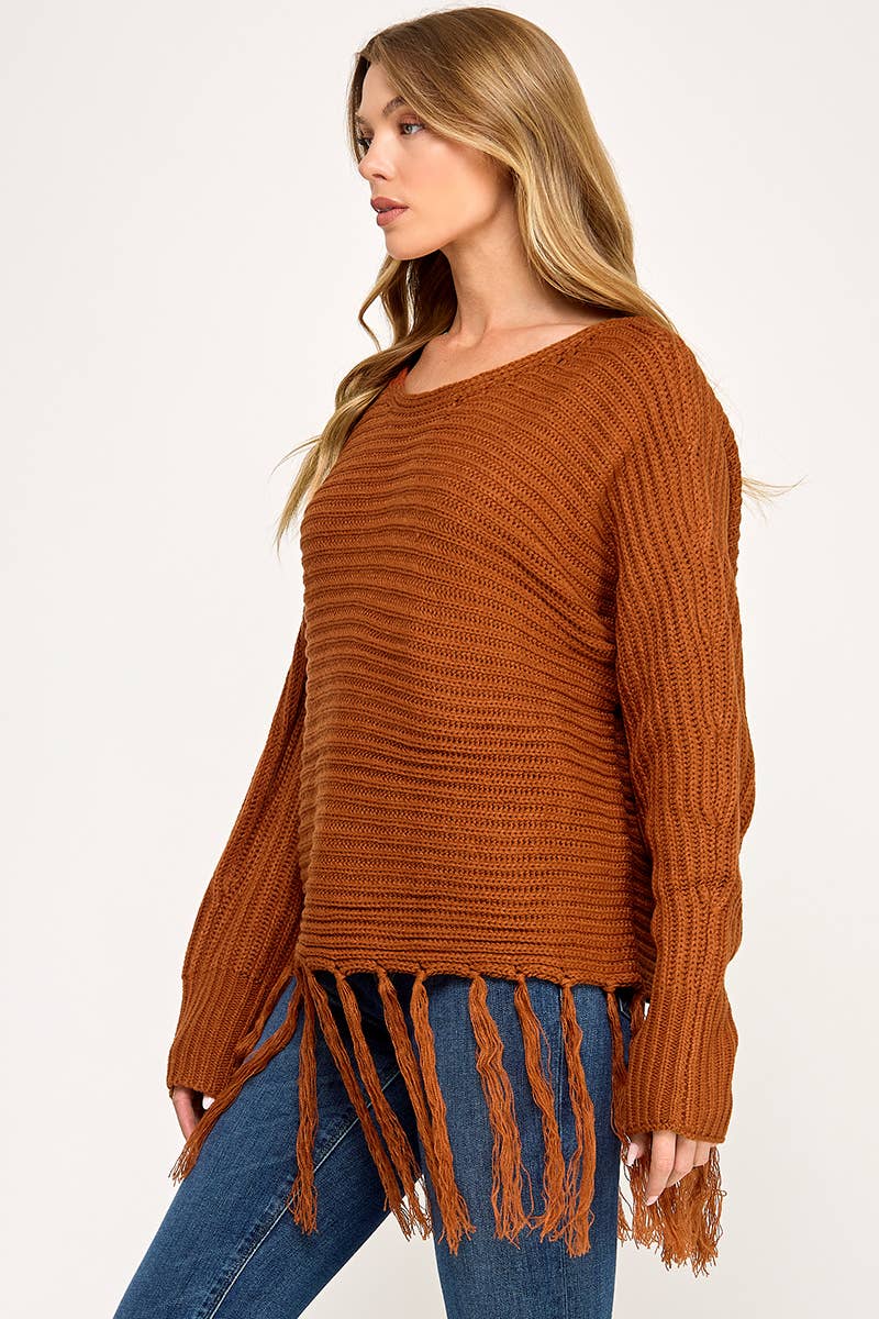 IT3453 - LONG SLEEVE SOLID BOAT NECK SWEATER WITH FRINGE