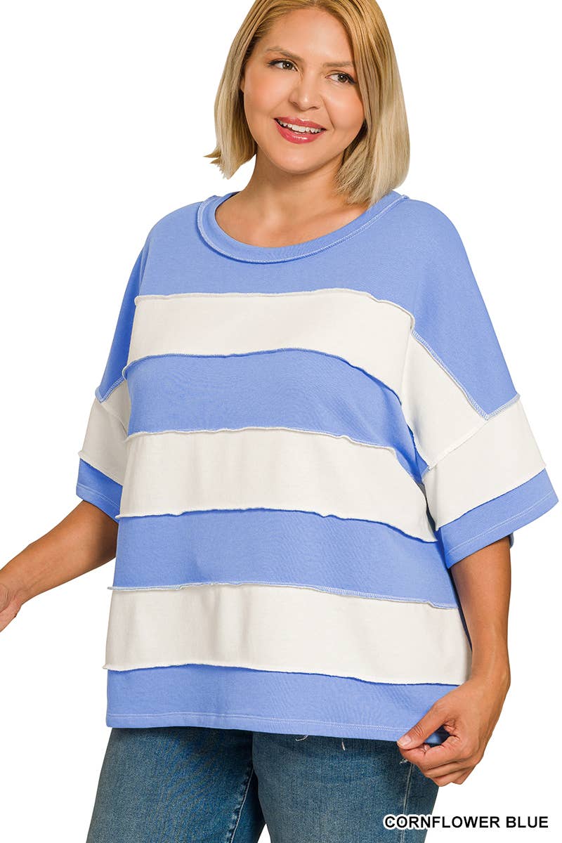 Plus French Terry Striped Exposed Seam Top - Zenana