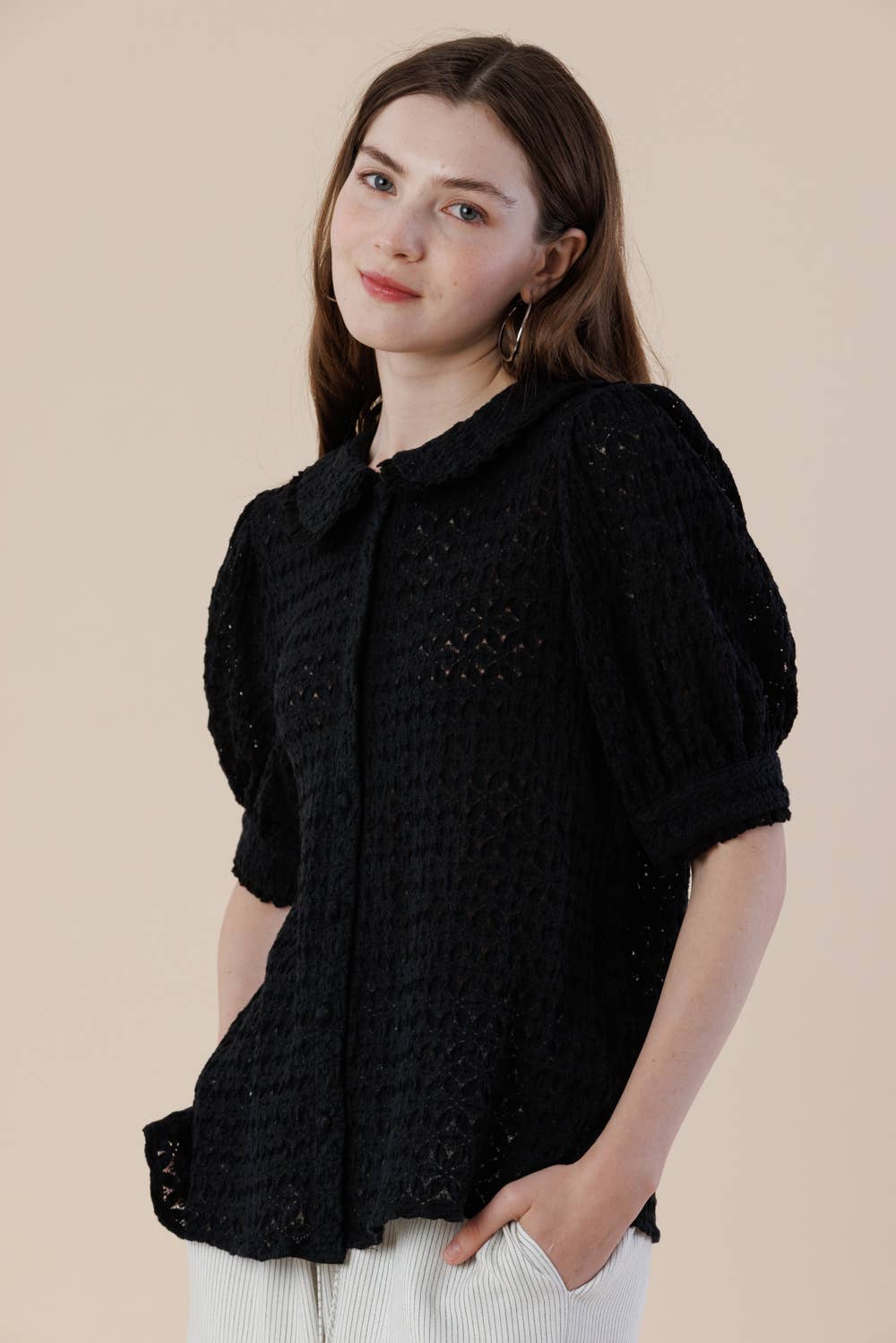 Peter Pan Collar Puff Sleeves Button-up Lace Blouse