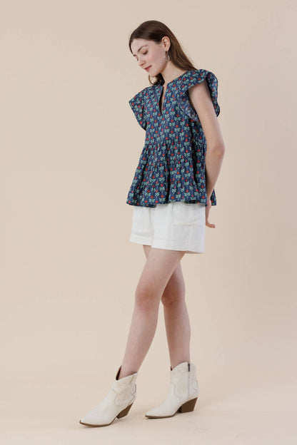 Floral Flutter Sleeve Tiered Blouse with Split Neck
