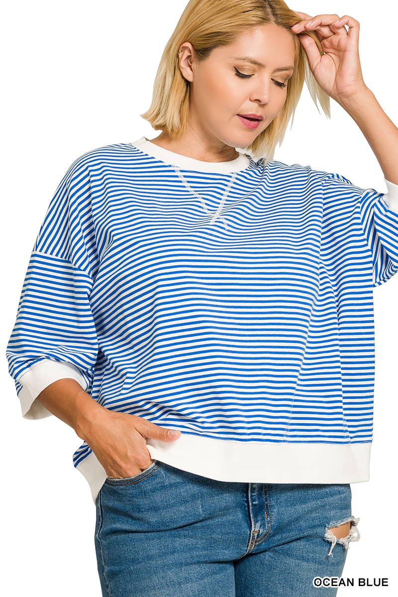 Plus Striped Rib Banded Short Sleeve Pullover