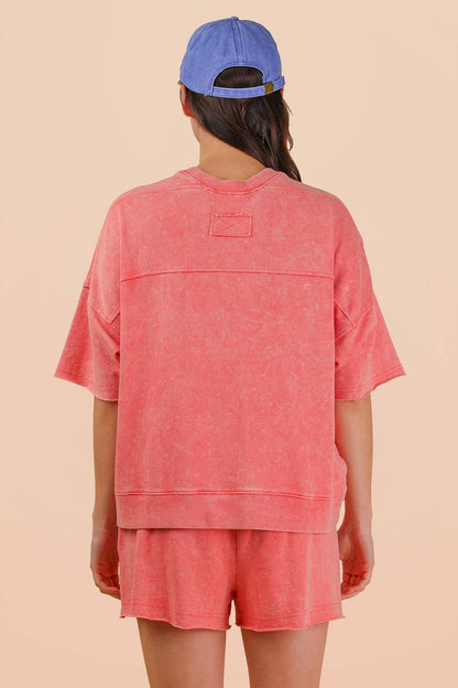 NT12429SETX-PLUS SIZE Mineral Washed Knit Casual Top & Shorts