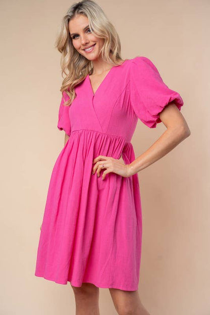 D90627 Short Sleeve Solid Woven Dress