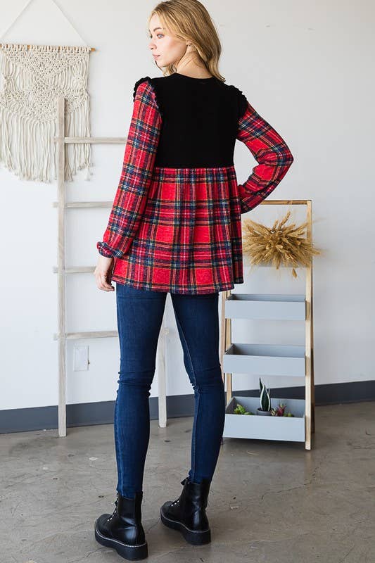 ET6757-13 SOLID AND MULTI COLOR PLAID BABYDOLL TOP