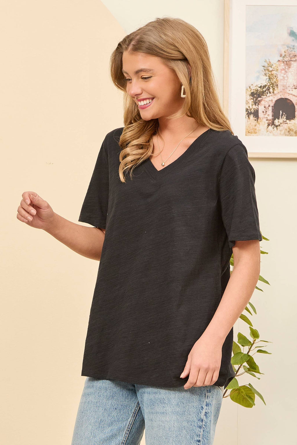 Casual Basic Cotton V Neck Short Sleeve: BLACK / L