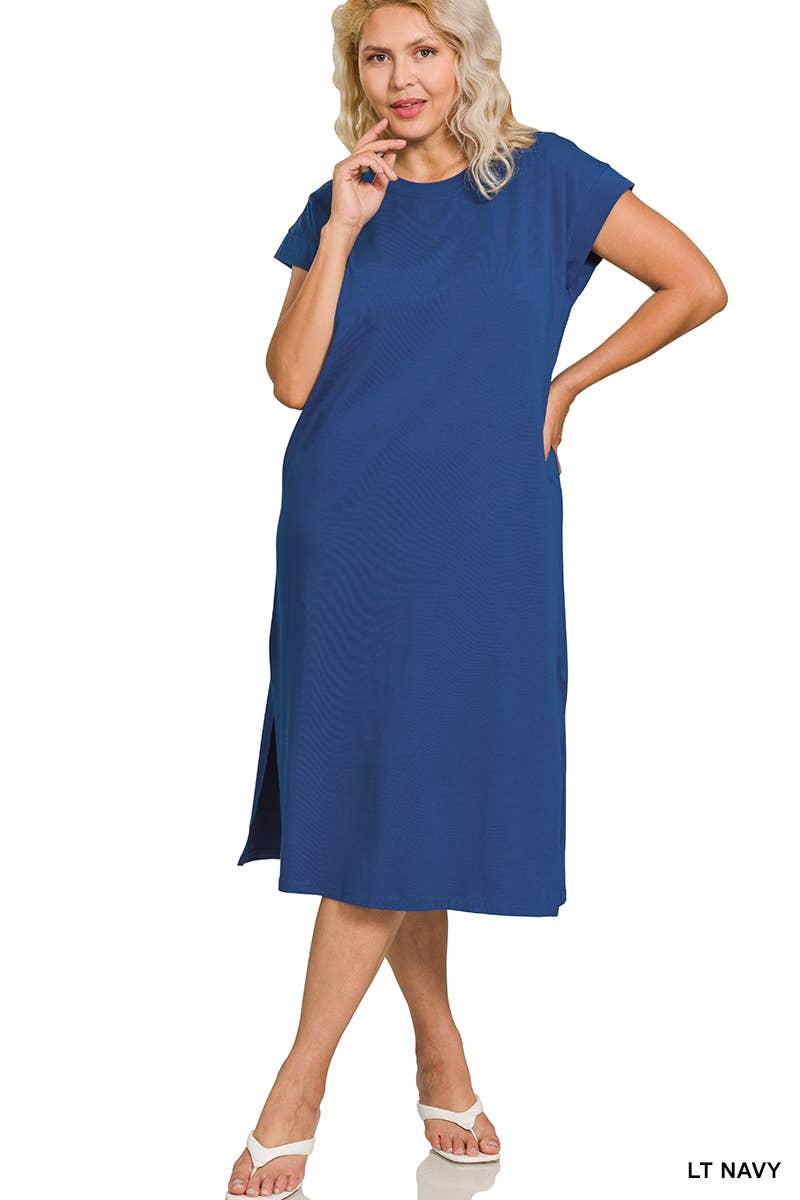 0624 Plus Round Neck Short Sleeve Midi Dress w/ Side Slit SI-2728