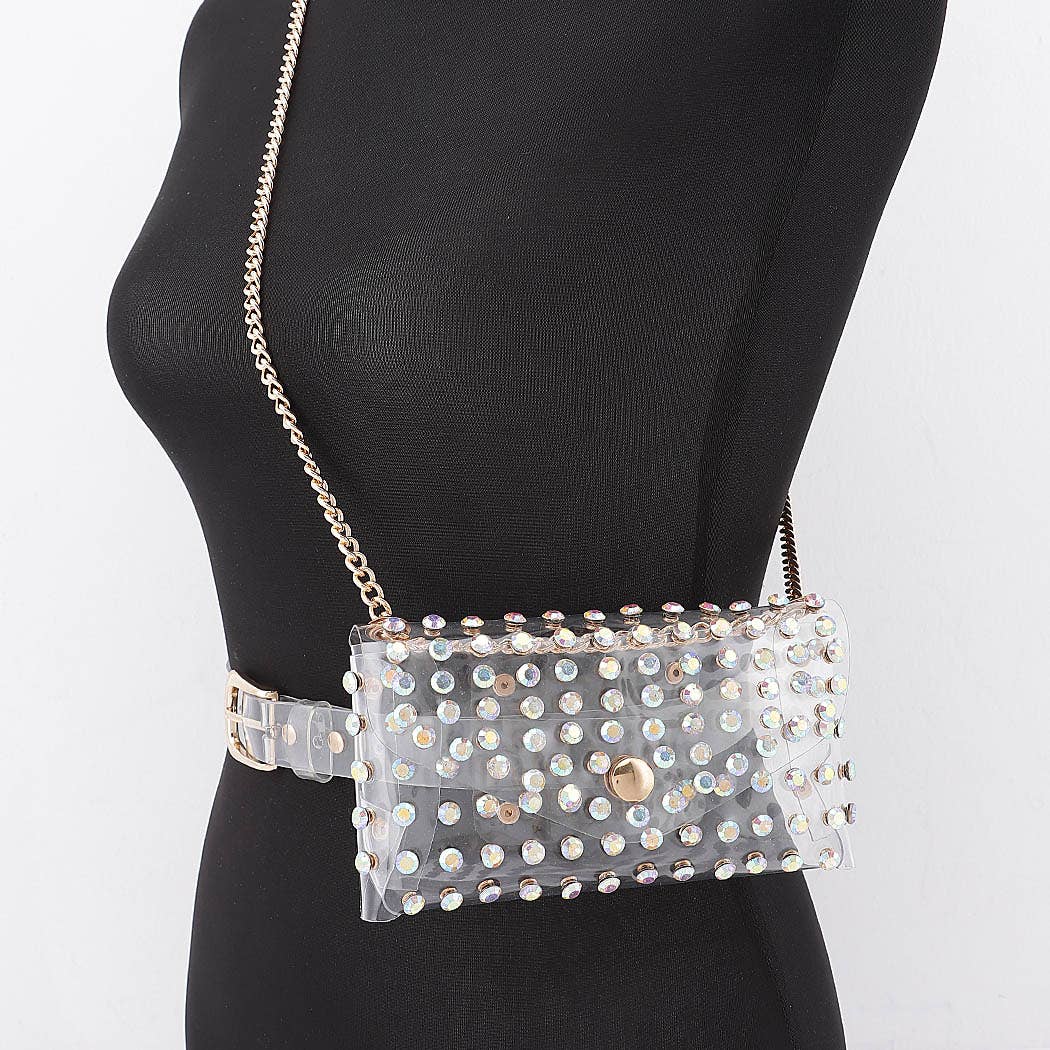 Rhinestone Clear Belt Bag W/Chain PB8633