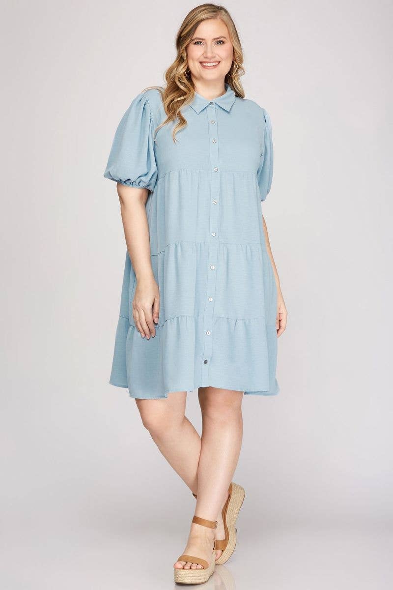 LT. BLUE SHORT PUFF SLEEVES TIERED PLUS SIZE MINI DRESS: LT. BLUE / Plus Size / 1XL