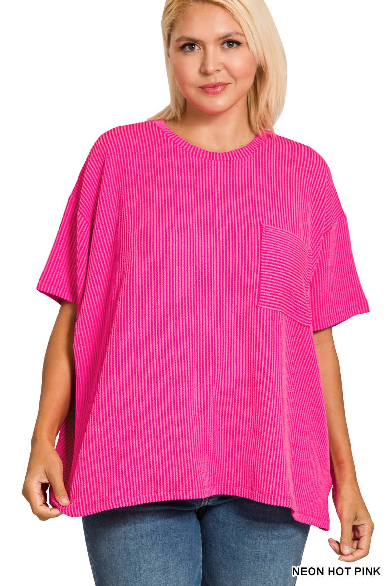 0107 Plus Raised Rib Short Sleeve Front Pocket Top SI-28942