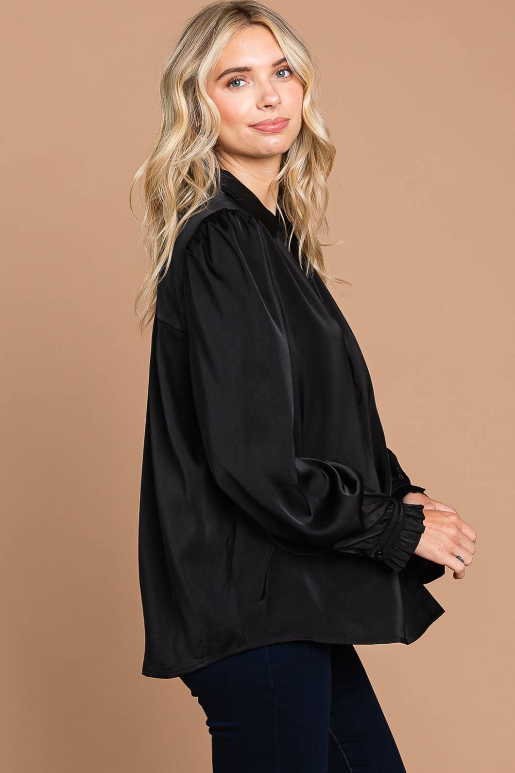 64669W-Soft Satin Button Down Front Shirts