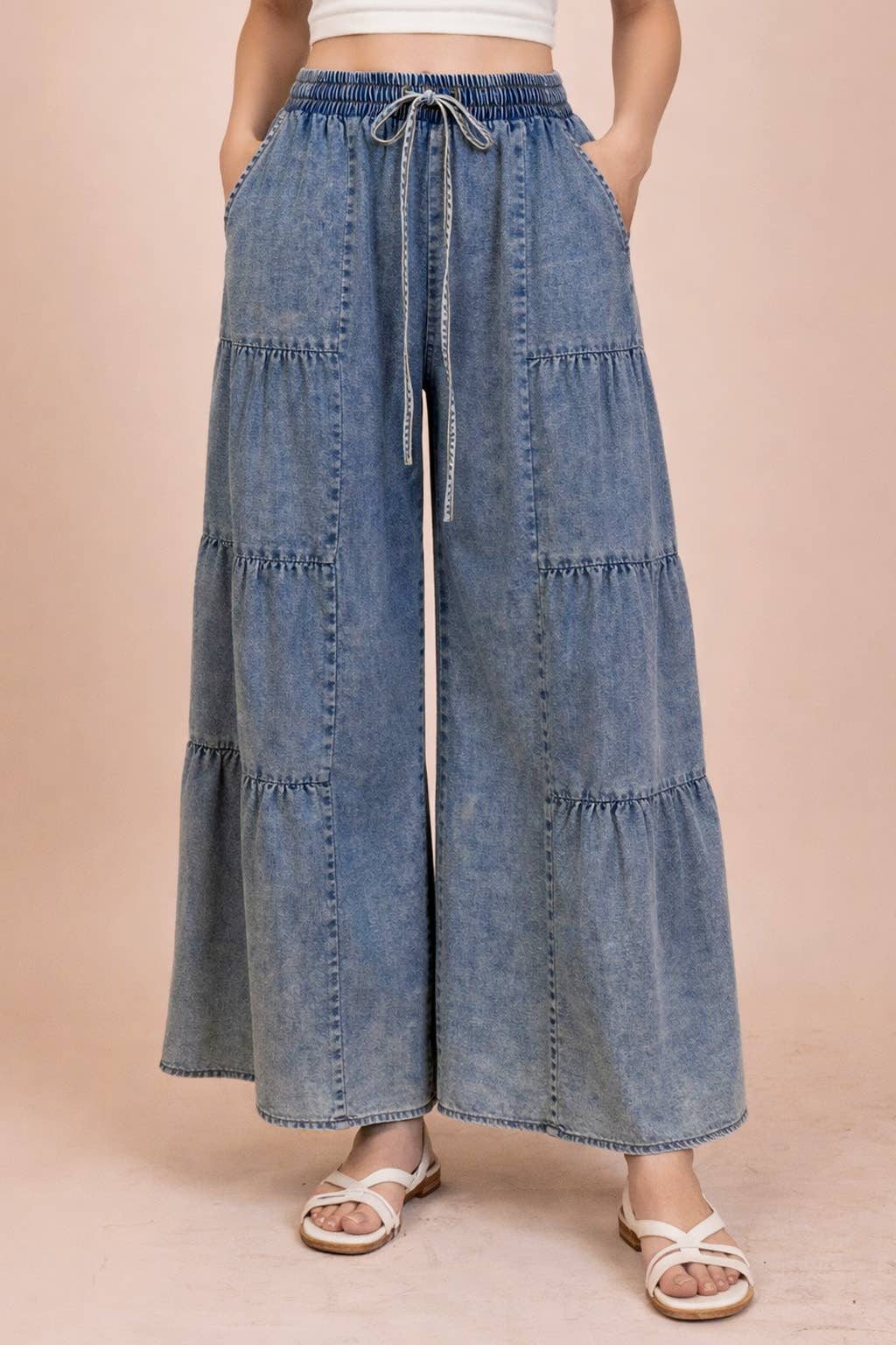 NP70989-Tiered Layers Mineral Washed Chambray Pants