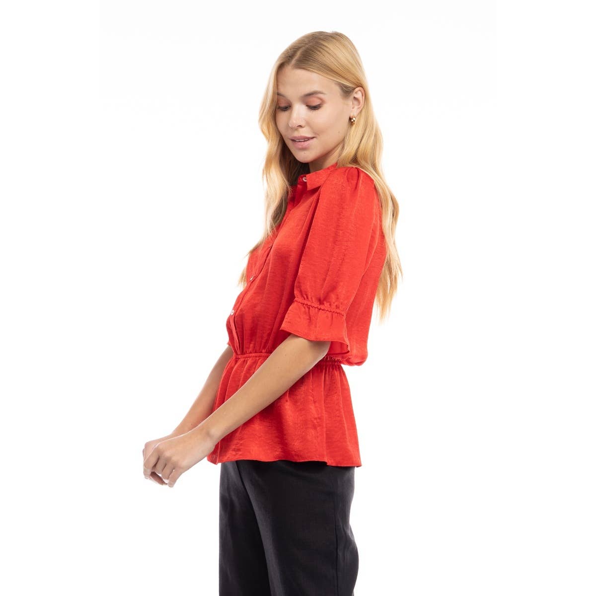 Elbow Sleeve Blouse With Half Placket