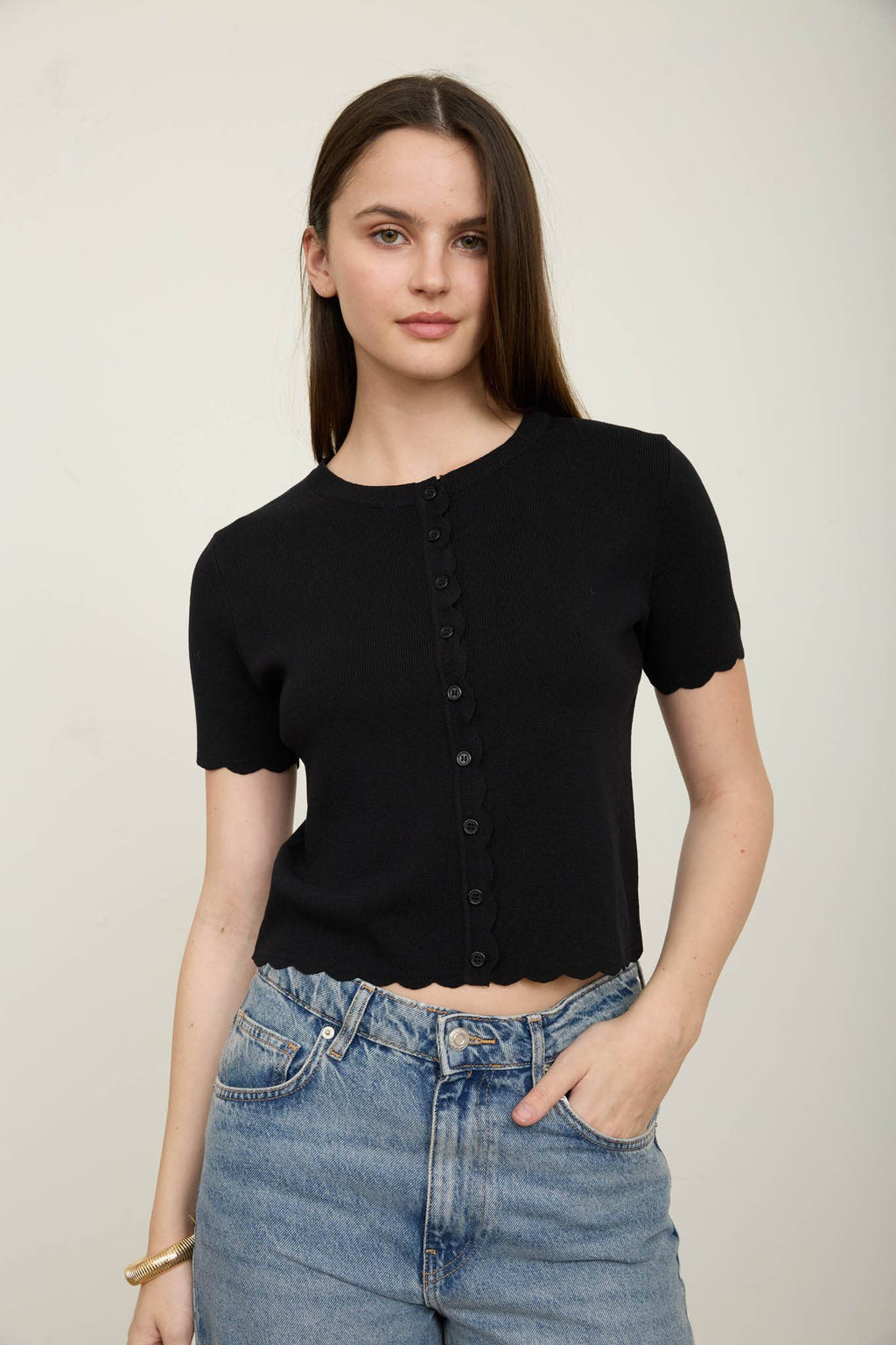 SCALLOPED SHORT SLEEVE BUTTON DOWN KNIT CARDIGAN