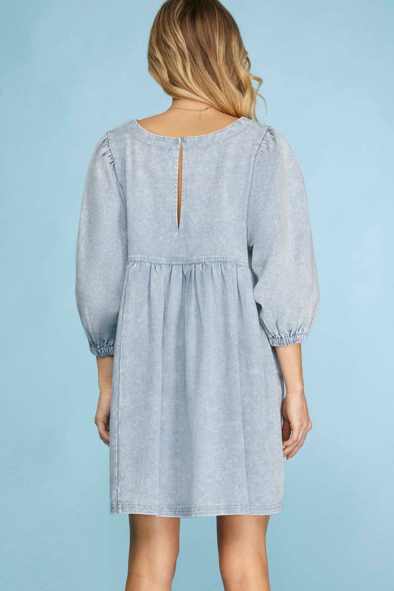 LT. BLUE 3/4 SLEEVES WASH TWILL BABYDOLL MINI DRESS S16SY617: LT. BLUE / Contemporary / L