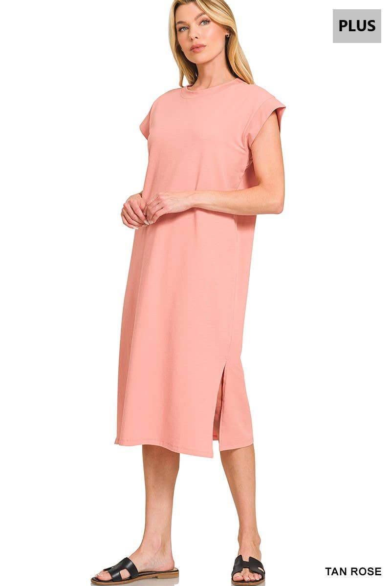 0624 Plus Round Neck Short Sleeve Midi Dress w/ Side Slit SI-2728