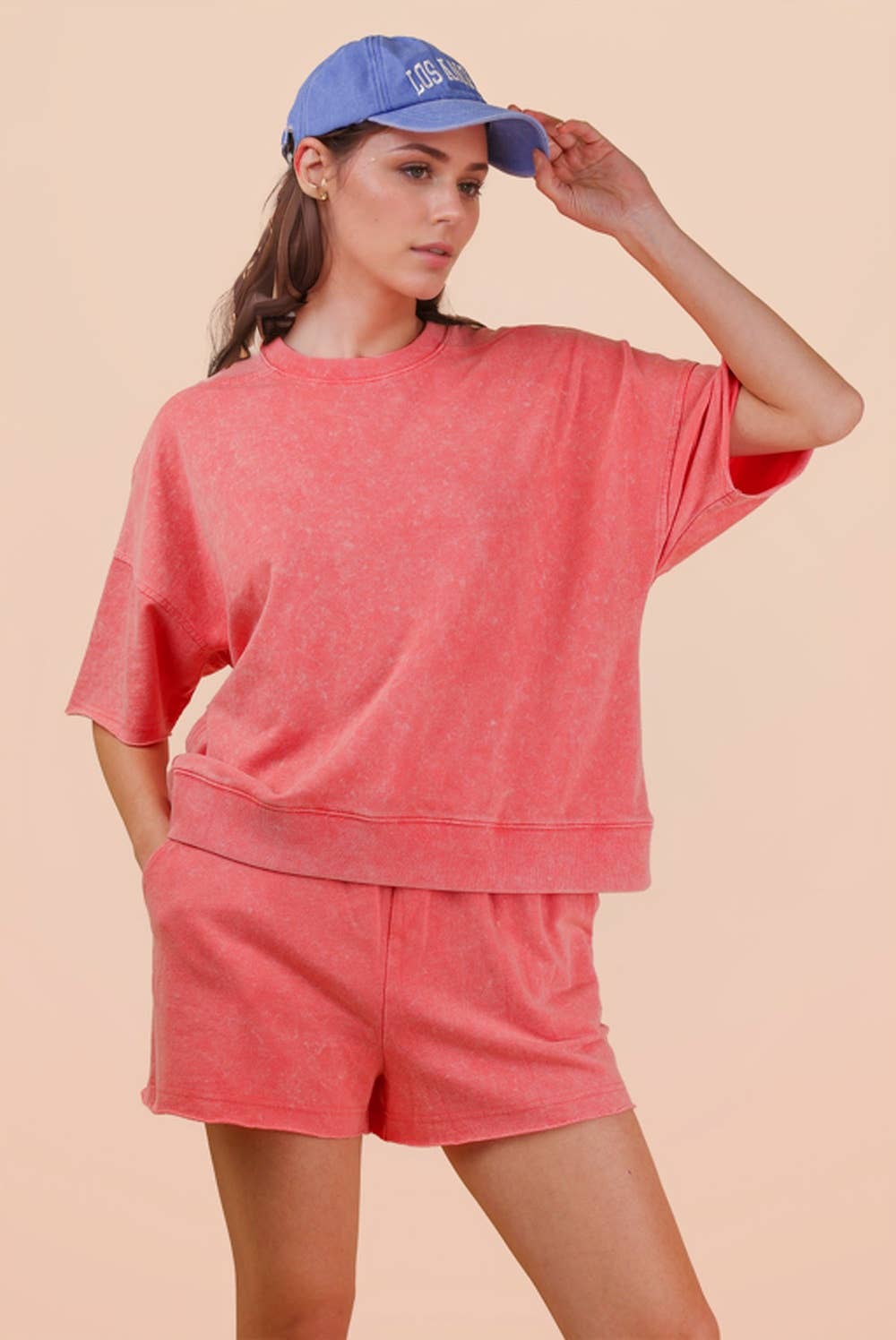 NT12429SETX-PLUS SIZE Mineral Washed Knit Casual Top & Shorts
