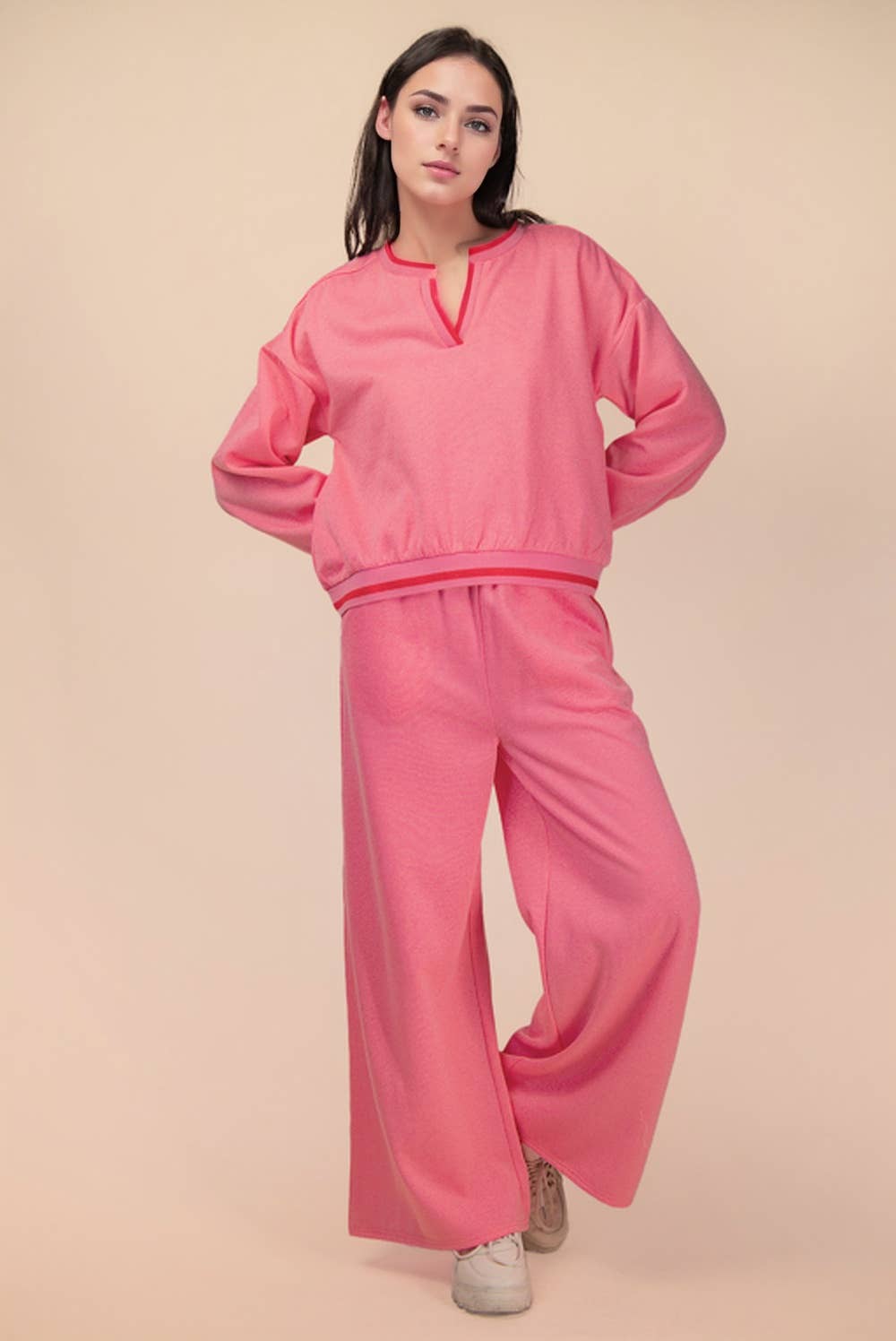 NT12382SET-Color Block Band Detail Comfy Knit Top & Pants Set