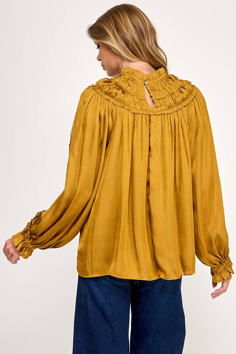 IT3477 - RUFFLED LONG SLEEVES SATIN TOP