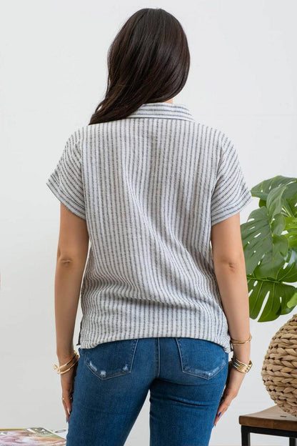 STRIPE COLLARED SHORT SLEEVE LINEN SHIRT: BLACK