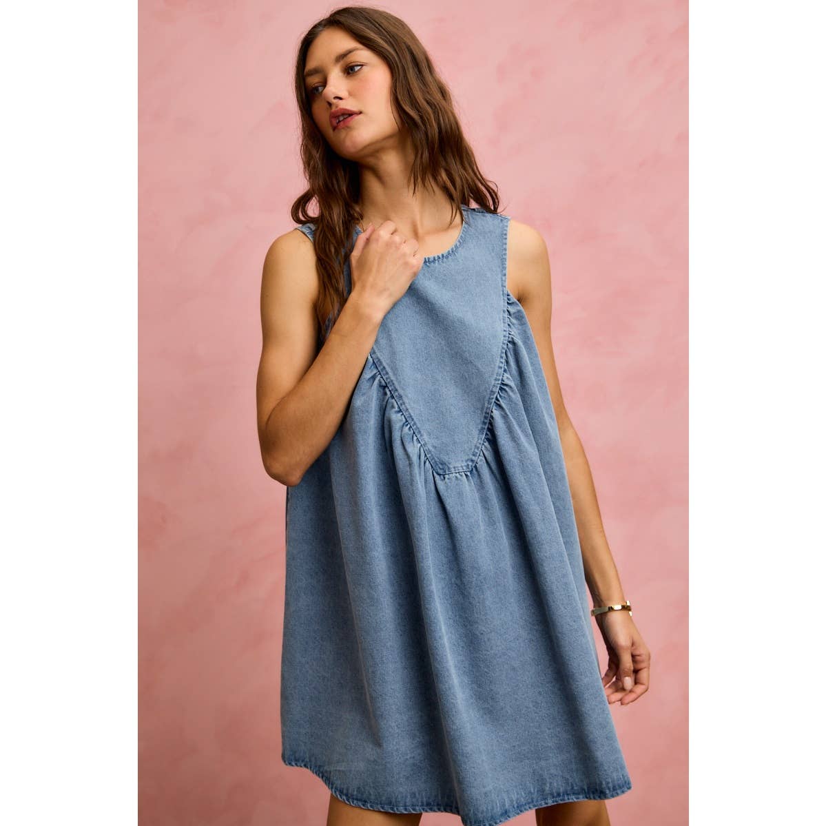 DENIM RUCHED SLEEVELESS DRESS
